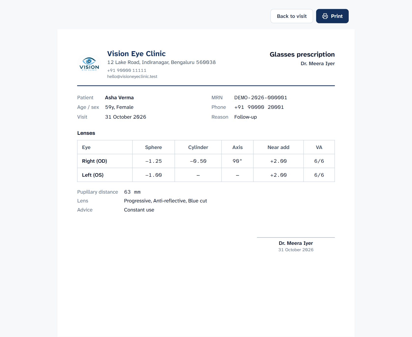 A printed glasses prescription with lens power for each eye