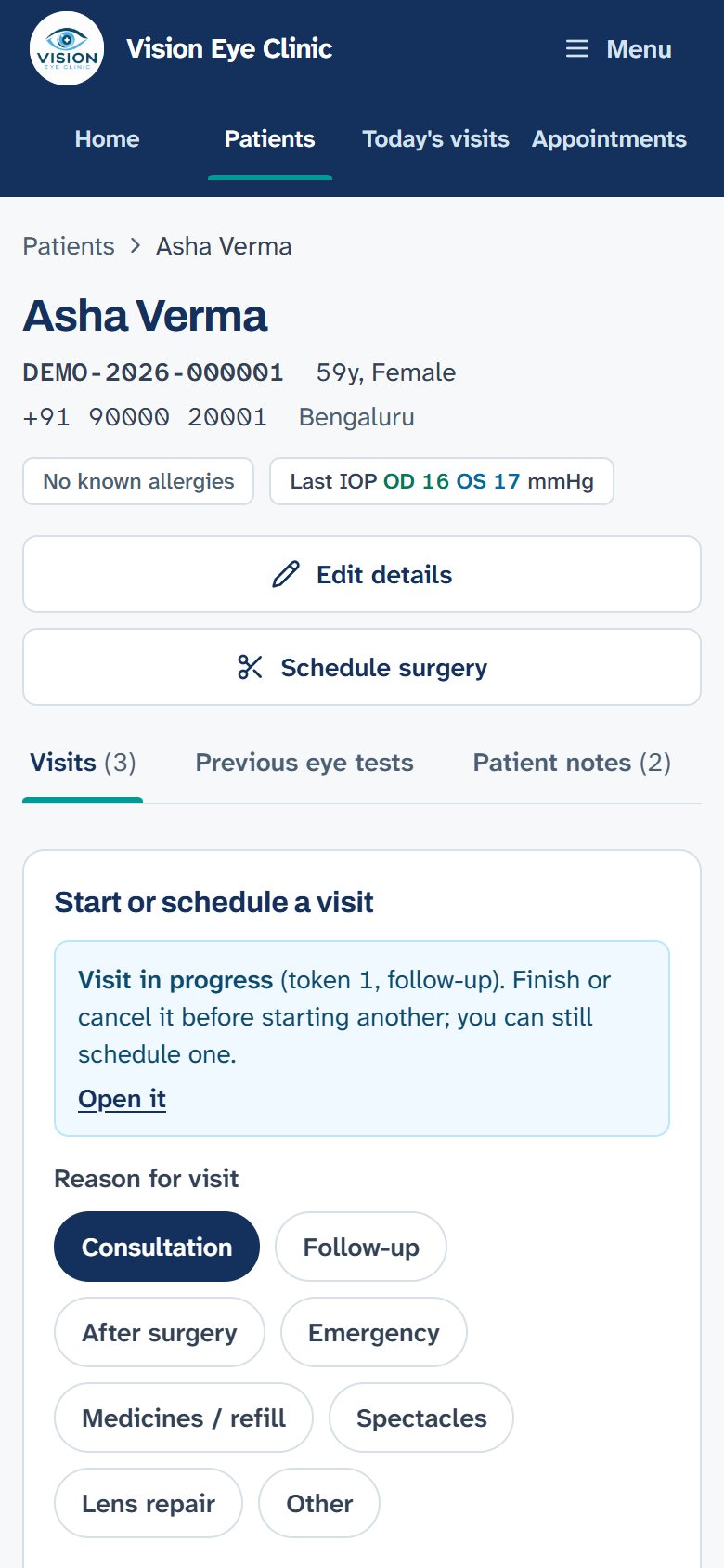 A patient’s page on a phone, with their visits, tests and notes
