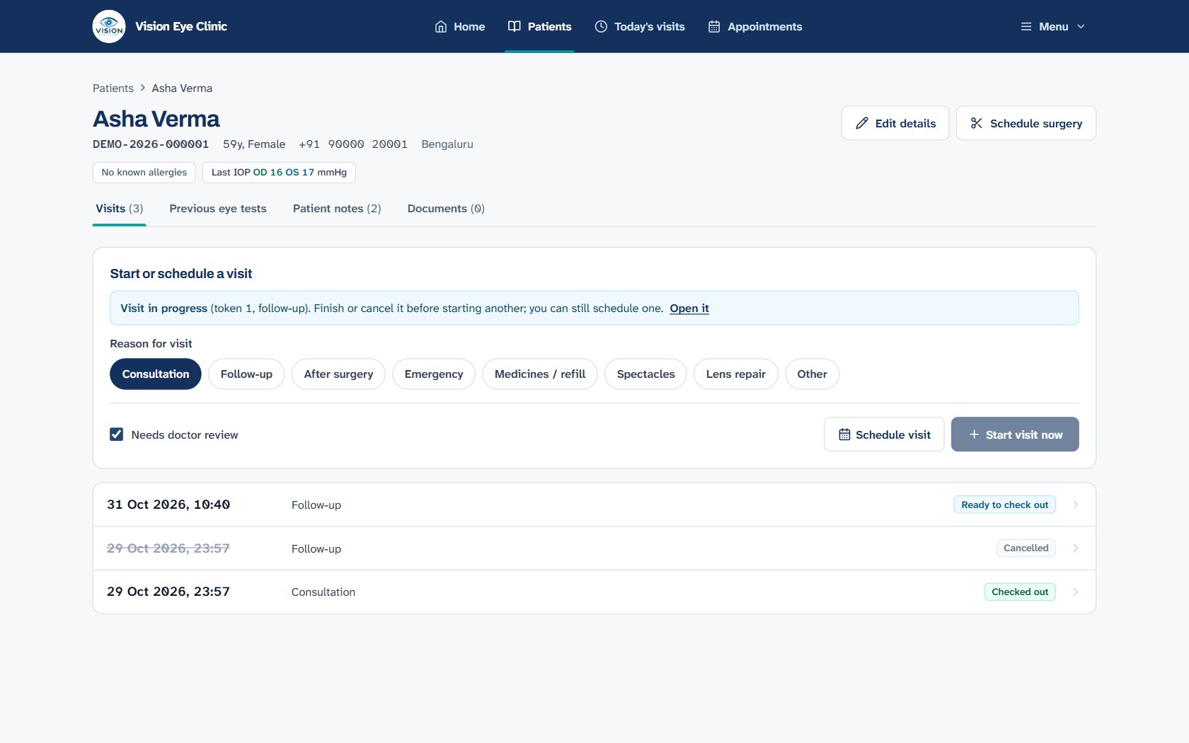 A patient’s page with their visits, tests and documents