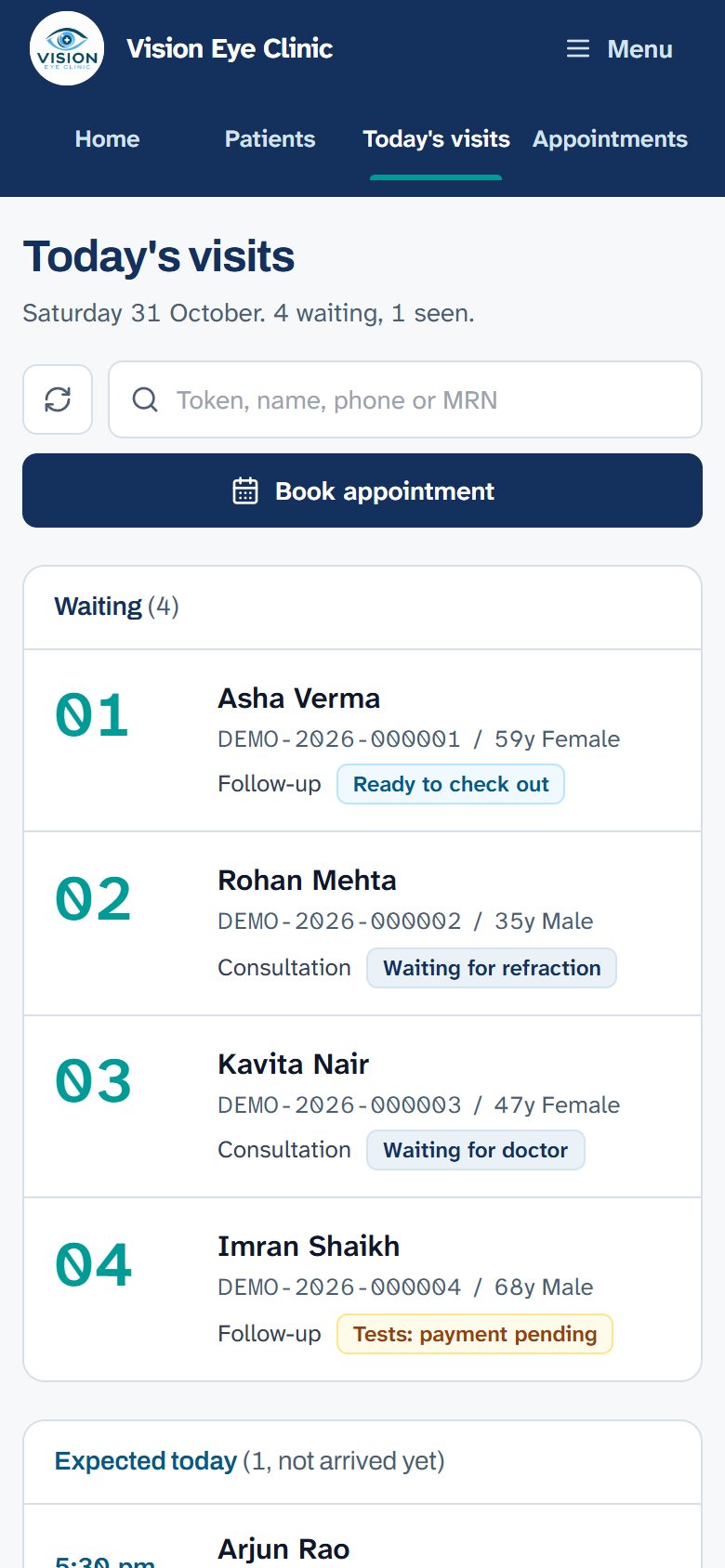 Today’s visits on a phone, with each patient’s token and what they are waiting for