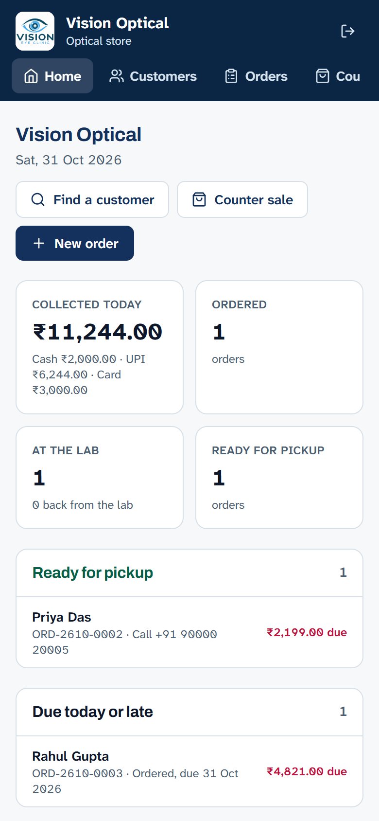 The optical store home on a phone, with money collected today and orders at the lab
