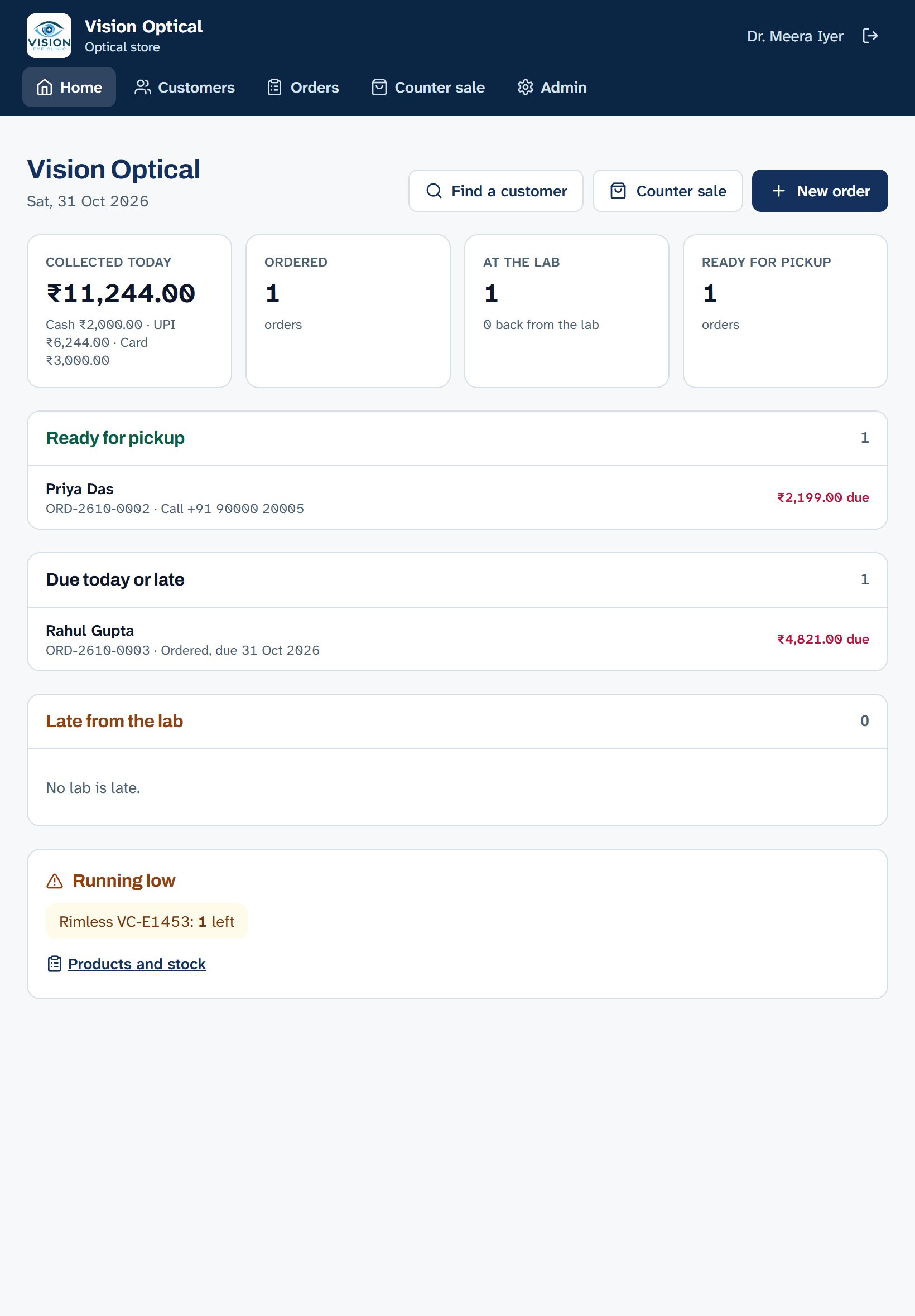 The optical store home on a tablet, with money collected today, orders and stock running low